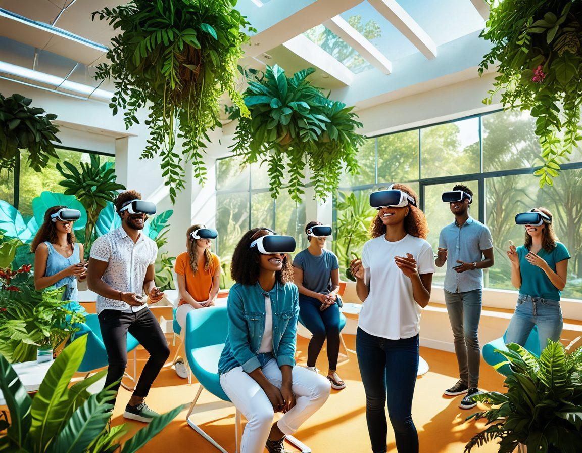 A vibrant and colorful scene depicting people of diverse backgrounds joyfully engaging in various next-generation activities that promote happiness, such as virtual reality experiences, social gatherings in futuristic settings, and nature immersion. Bright sunlight filters through lush greenery, creating a warm, inviting atmosphere filled with laughter and smiles. Elements like floating holograms of positive affirmations and modern technology intertwined with nature enhance the scene. super-realistic. vibrant colors. white background.
