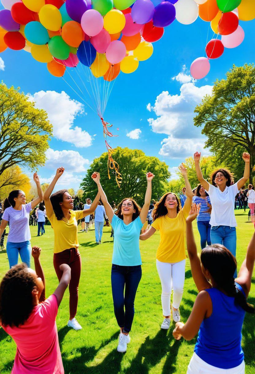 A vibrant and lively scene depicting a diverse group of people celebrating joyfully in a sunlit park, surrounded by colorful balloons and flowers. Illustrate a sense of camaraderie and exhilaration as they engage in various cheerful activities like dancing, laughing, and sharing. The background features a beautiful blue sky filled with fluffy clouds, radiating positive energy and warmth. Capture the essence of happiness and discovery in their expressions. super-realistic. vibrant colors. cheerful atmosphere.